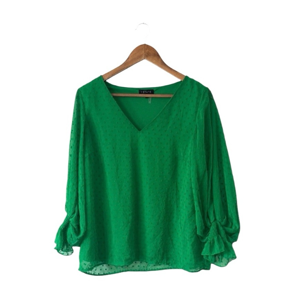 1. State Green Swiss Dot Long Sleeve Blouse V-Neck Casual Career Size Medium
